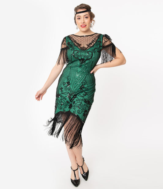 Green and Black Beaded Nadine Flapper Dress