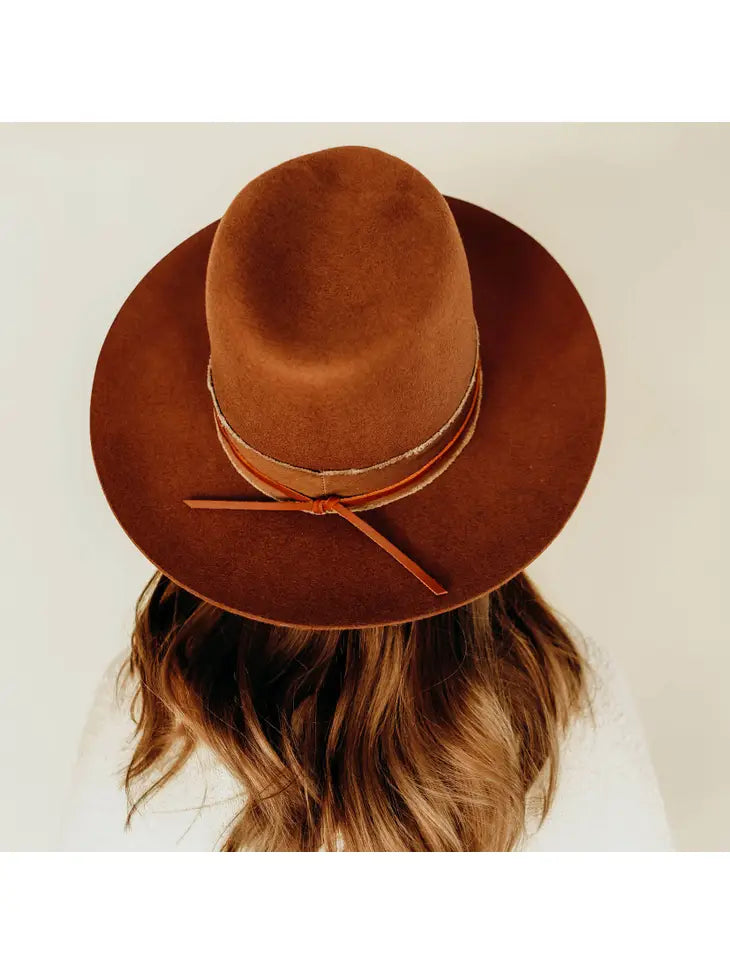 Western, fedora style hat with a wide brim made in the USA in Brown