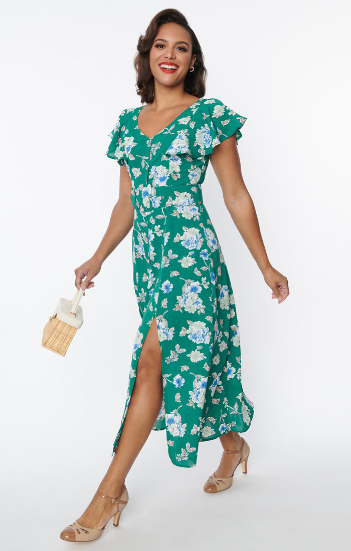 Green floral flutter dress 1940s swing dress