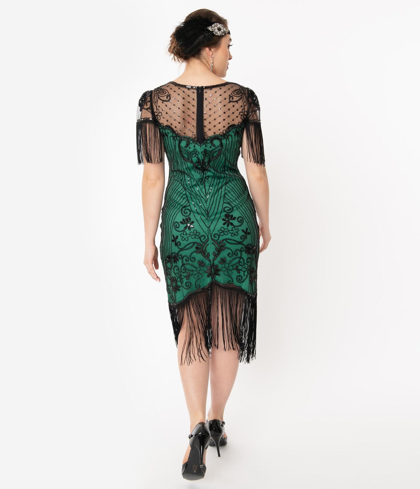 Green and Black Beaded Nadine Flapper Dress