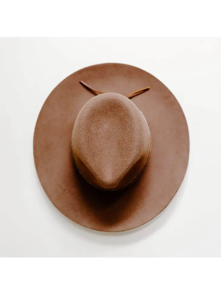 Western, fedora style hat with a wide brim made in the USA in Brown