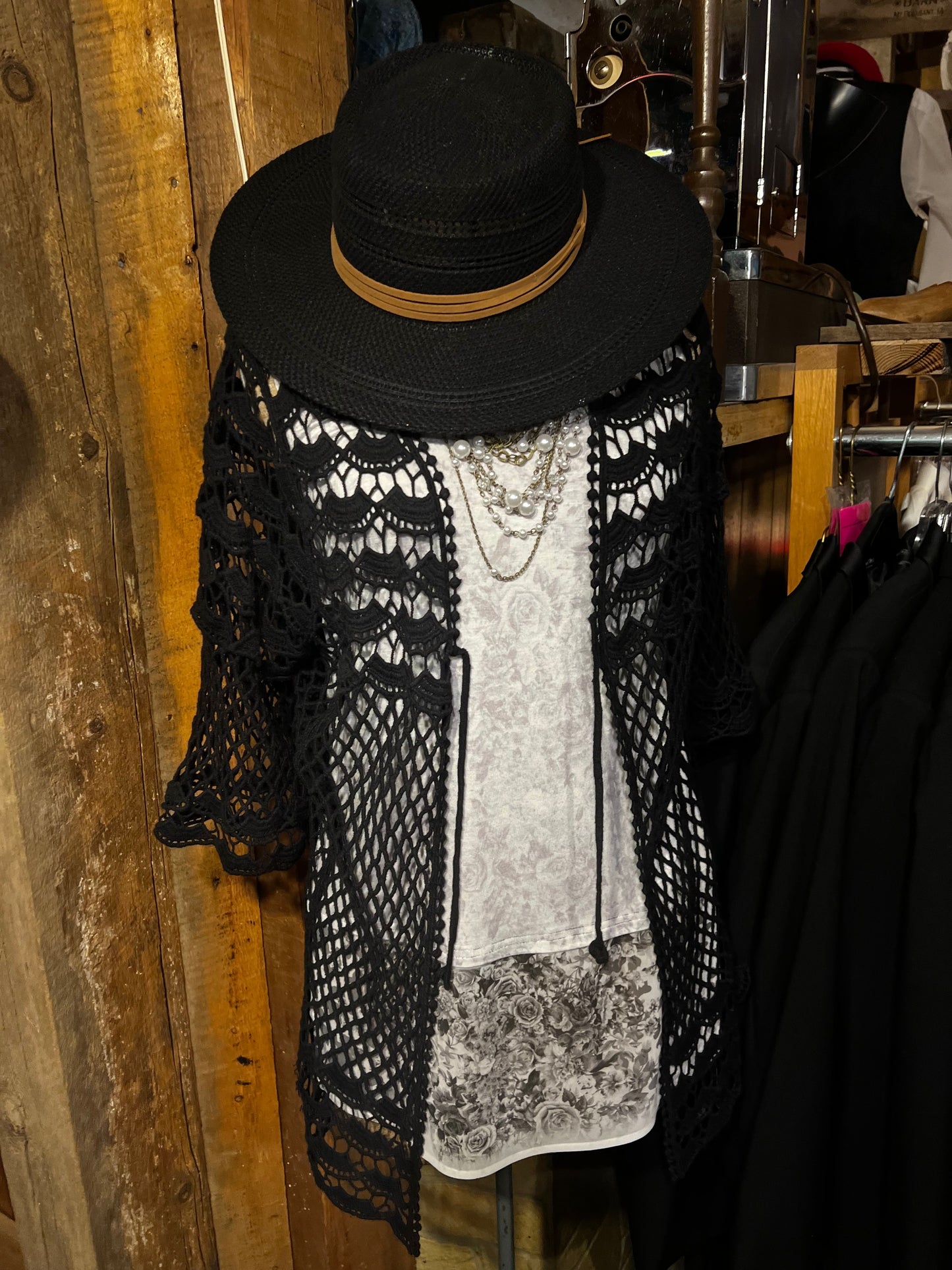 Pearl and chain statement necklace with crochet cardigan and rose tank. Gamber hat