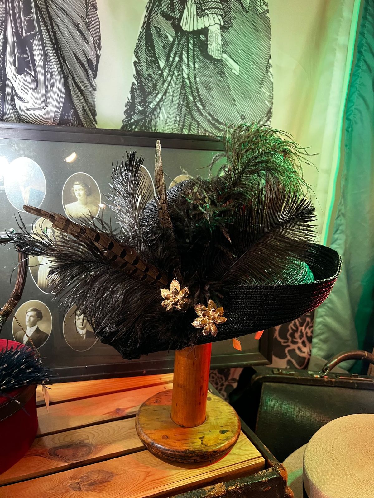 Victorian hat with feathers and vintage lace and jewelry. Made in Colorado. Great Ketucky derby hat