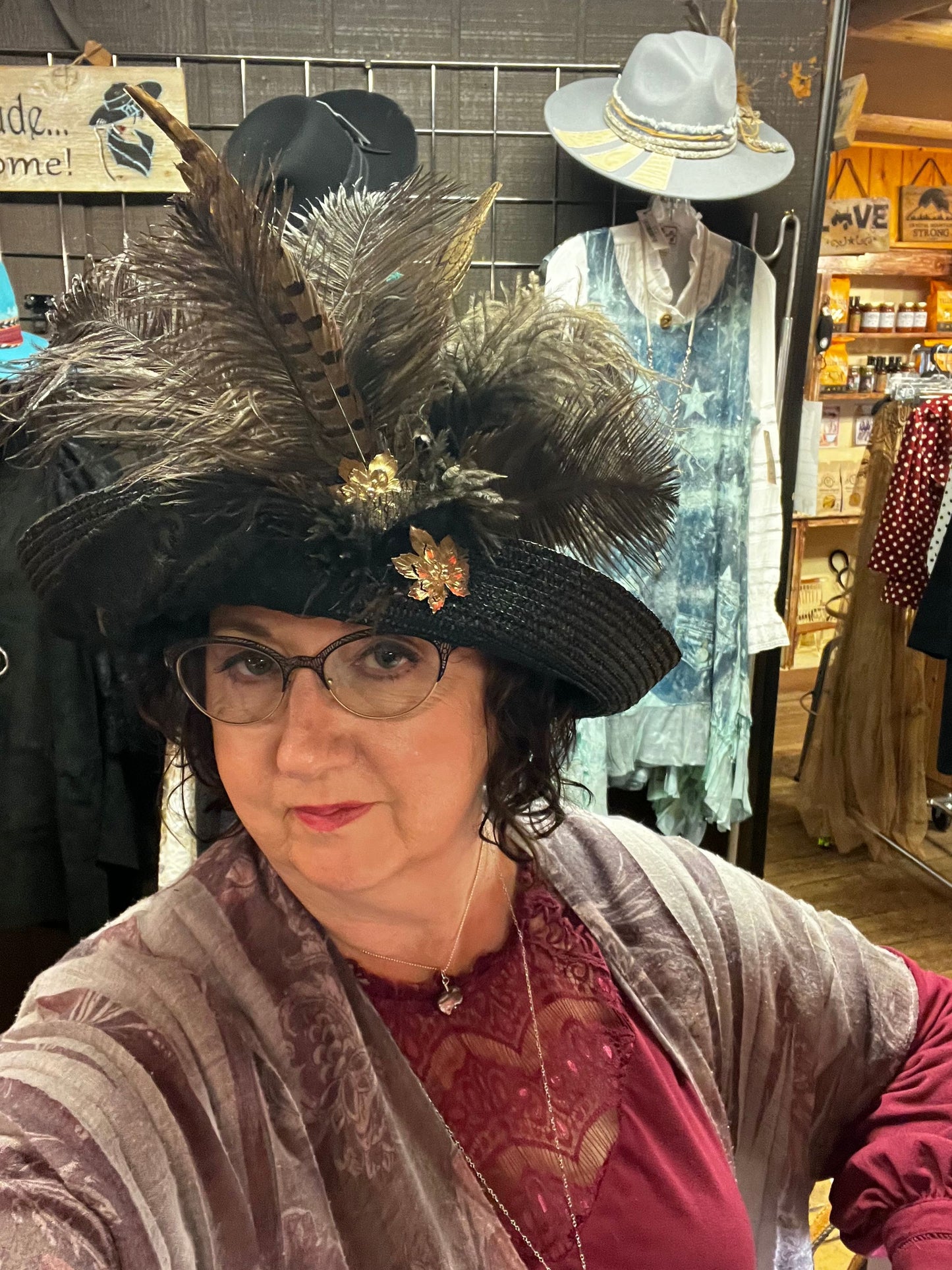 Victorian hat with feathers and vintage lace and jewelry. Made in Colorado. Great Ketucky derby hat