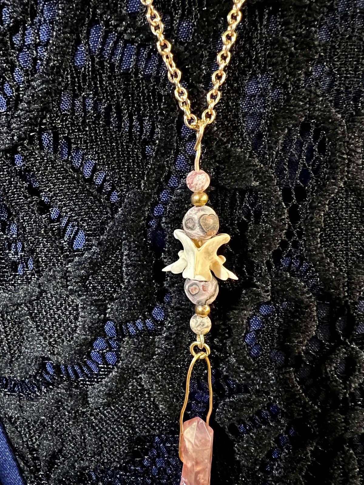 handmade necklace with jasper stone beads and rose quartz and snake vertebre 
